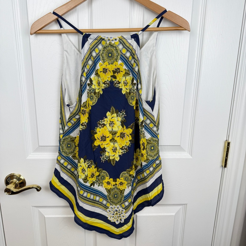 Heartsoul Womens S Floral Navy Yellow Halter‎ Neck Camisole Top Handkerchief Hem